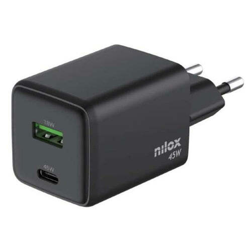 Cargador Universa Nilox - 45 W, 2 Puertos + Cable carga rápida USB-C a USB C de 2 M de regalo, Negro