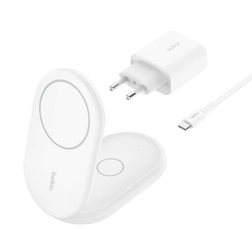 Cargador Inalámbrico Belkin QI2 - 15 W, para dos dispositivos, blanco, cable USB C 1,5 L