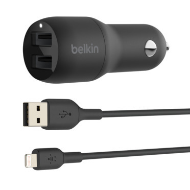 Cargador de coche Belkin - 2 tomas USB A de 12 W, conector lightning, Negro