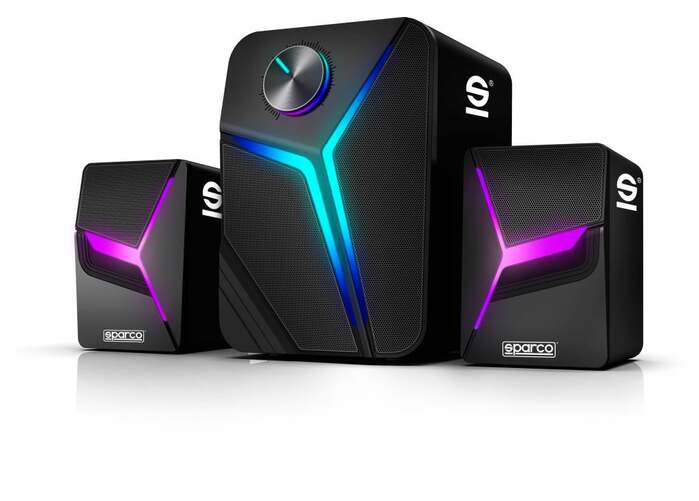 Altavoces Sparco Headlight Pro - 2.1, Gaming, Jack 3,5mm, USB-A y Bluetooth, Luces RGB