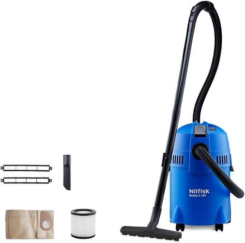 Aspirador Trineo Nilfisk Buddy II - Alfombra y suelo duro, 18 litros, 1200 W, Negro y Azul