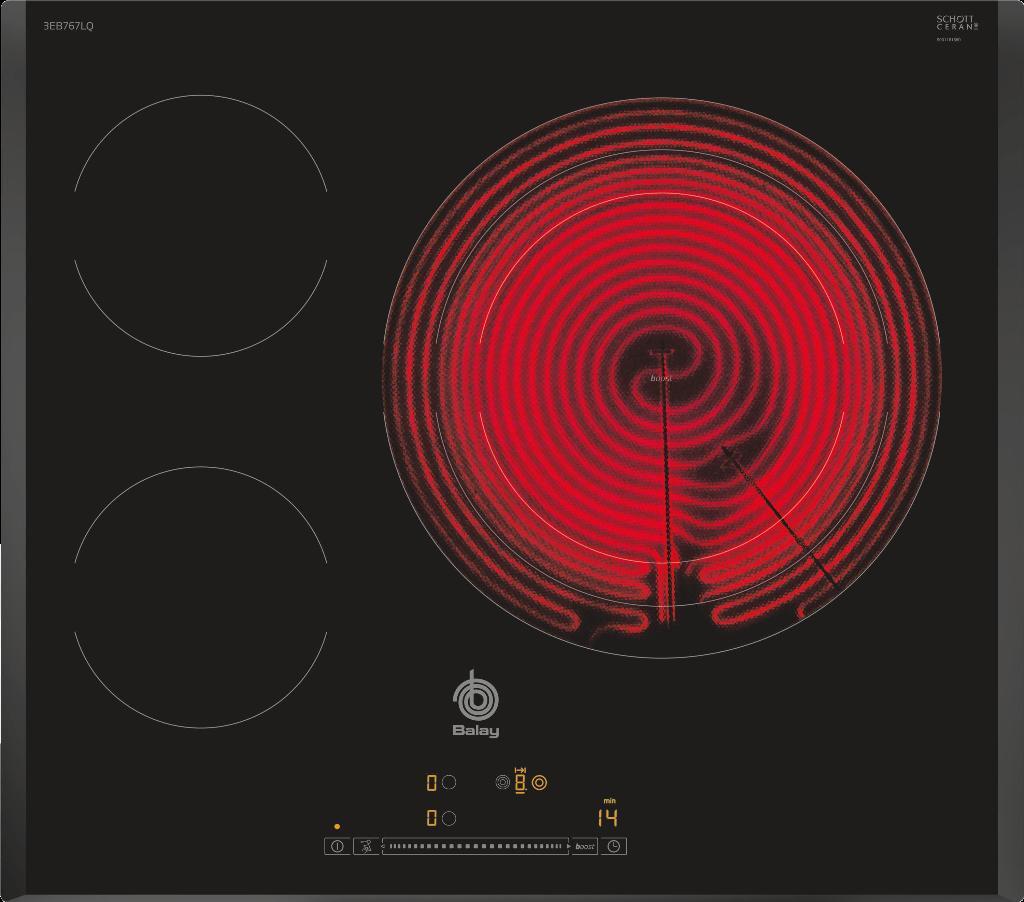 Placa Vitrocerámica Balay 3EB767LQ - 3 zonas (1 Gigante 32cm), Función memoria