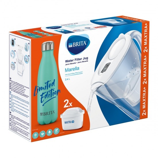 Jarra Agua Brita Marella Blanca + Termo 500ml - Incluye 2 Filtros Maxtra,