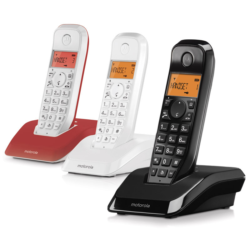 Motorola S1203 Pack 3 colores telefono dect trio serie en s12 startac mixcolor blanco negro y rojo manos libres altavoz agenda sencillo usar contestador una inalambrico