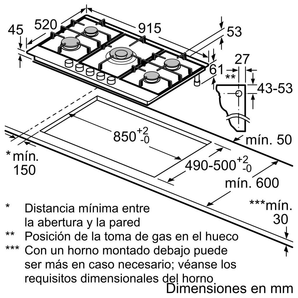 Placa Gas Bosch PCR9A5B90 | 5 Fuegos, 90cm, FlameSelect 9 Niveles