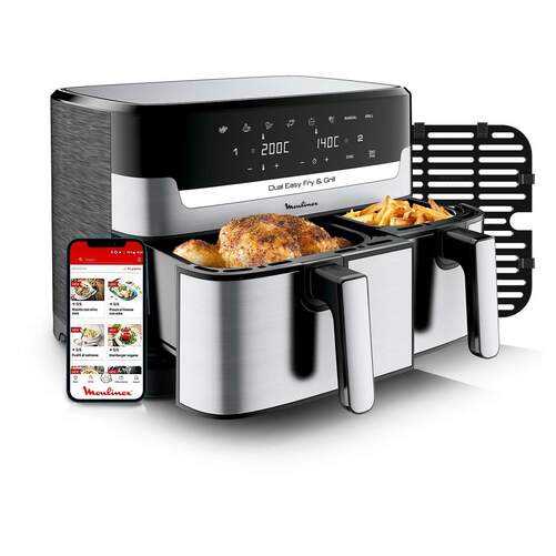 Freidora de aire Moulinex EZ905D - 8,3 litros, Dual (5,2 + 3,1 litros), 8 programas, Negro e inox