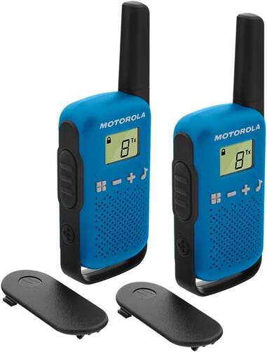 Walkie Talkie Motorola T42 Azul - Pack Doble, 4000 m de alcance, 16 canales, negro y azul