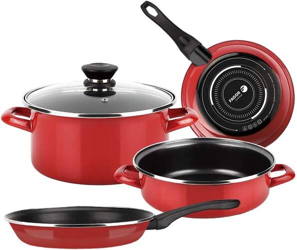 Batería de cocina Fagor Máxima Roja - 5 Piezas, 3 Cacerolas, 2 Sartenes, Tapa, Rojo