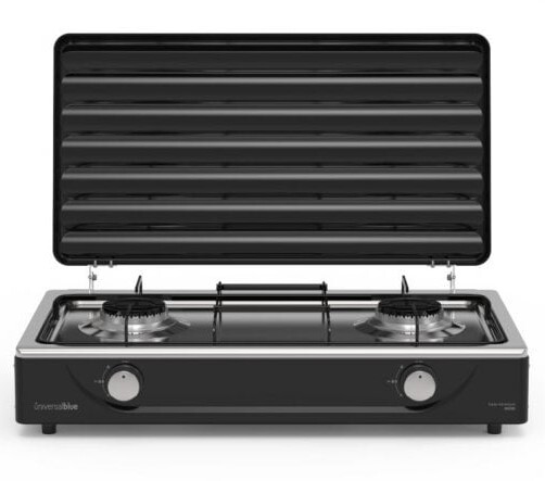 Hornillo Universal Blue 7012 - 2 fuegos, para camping, con tapa, base, inox, negro