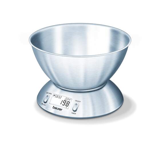 Balanza de cocina Beurer KS54 - Con bol, Hasta 5 kg, Precisión de 1 g, Inox