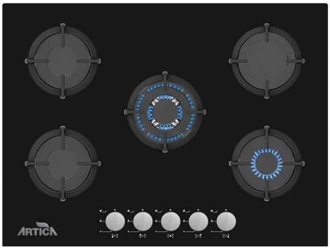 Placa Gas Butano Artica ACG7050 - 5 Fuegos, 70cm, CristalGas, AutoEncendido, Termopar Seguridad