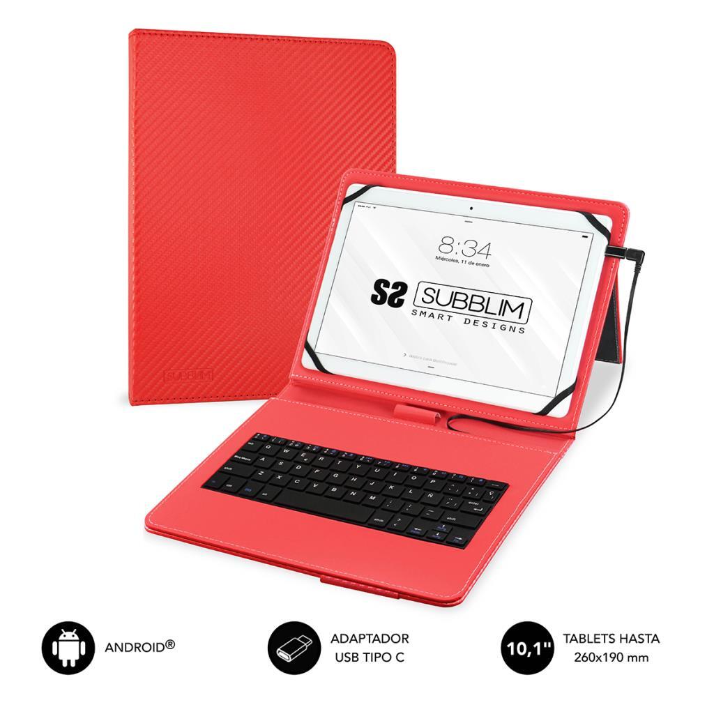 Funda y Teclado USB Subblim Keytab Pro Roja - Tablets 9" a 10", Adaptador USB-C