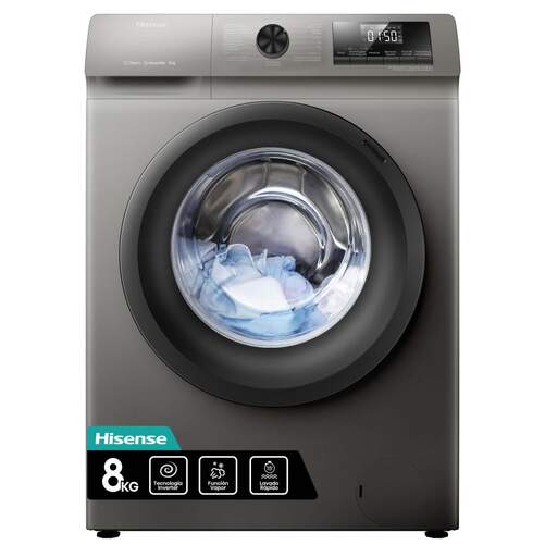 Lavadora Hisense WFQP8014EVMT - 8kg, Clase A, 1400rpm, 15 Programas, Vapor, Inverter, Gris