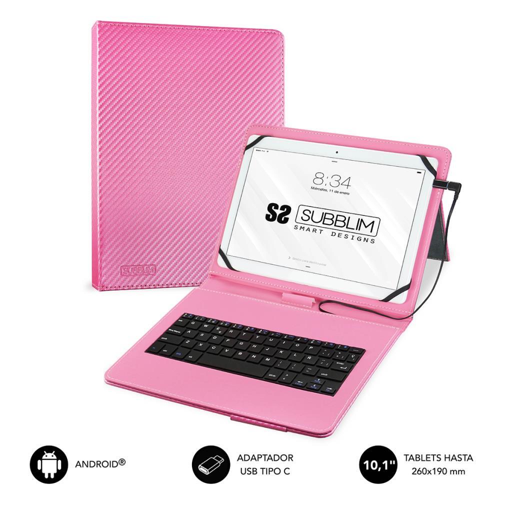 Funda y Teclado USB Subblim Keytab Pro Rosa - Tablets 9" a 10", Adaptador USB-C