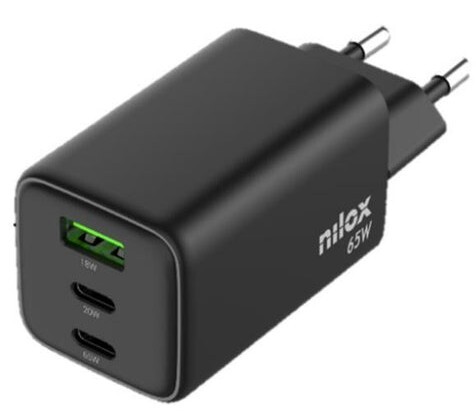 Cragador Universa Nilox - 65 W, 2 Puertos, cable de carga rápida USB C a USB C, 2 M de regalo