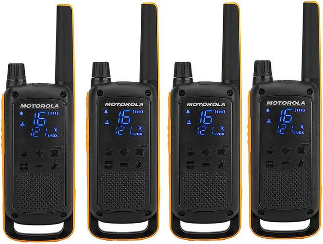 Walkie Talkie Motorola T72 - Pack de 4, 10km de alcance, 16 canales, negro y naranja