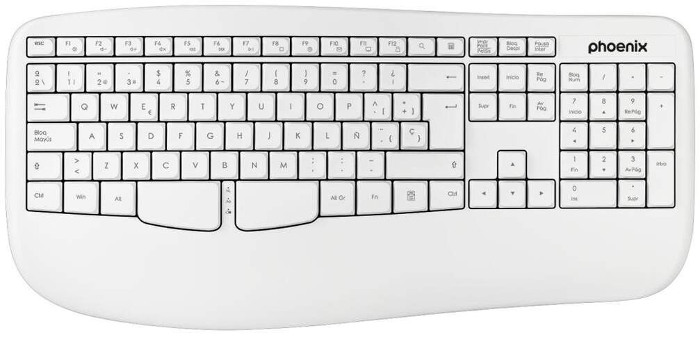 Teclado Inalámibrico Phoenix K201 - Ergonómico, 14 Teclas Multimedia, Blanco