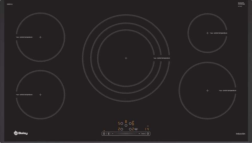 Placa Inducción Balay 3EB997LU - 90cmm, 5 Zonas (1 de 32cm), 17 Potencias, Contr.Aceite, Programable