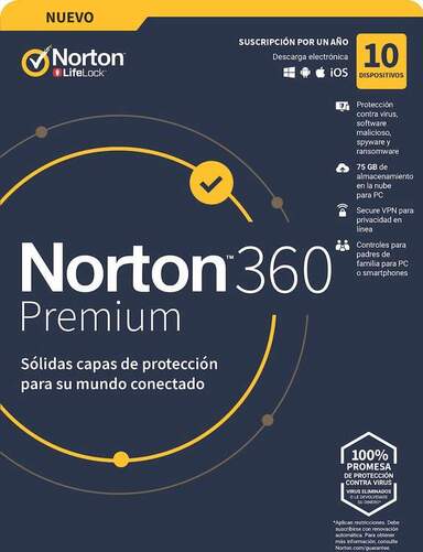 Antivirus Norton 360 Premium - 10 Dispositivos, 1 Año, 75GB , Windows, Mac iOS, Android