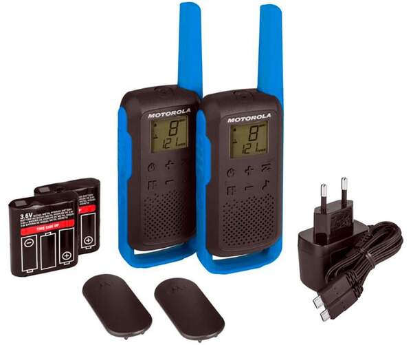 Walkie Talkie Motorola T62 Azul - Pack Doble, 8000 m de alcance, 16 canales, negro y azul