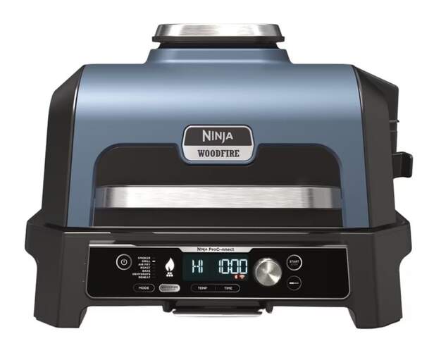 Barbacoa Ninja OG901EU - Eléctrica, para exterior, función freidora de aire, 1700 W, Azul y Negro